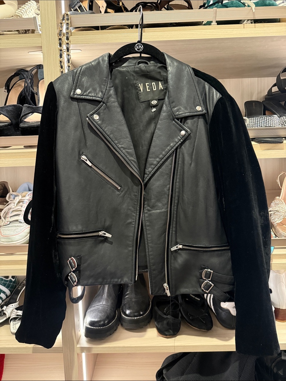 Veda Black Leather & Velvet Moto Jacket